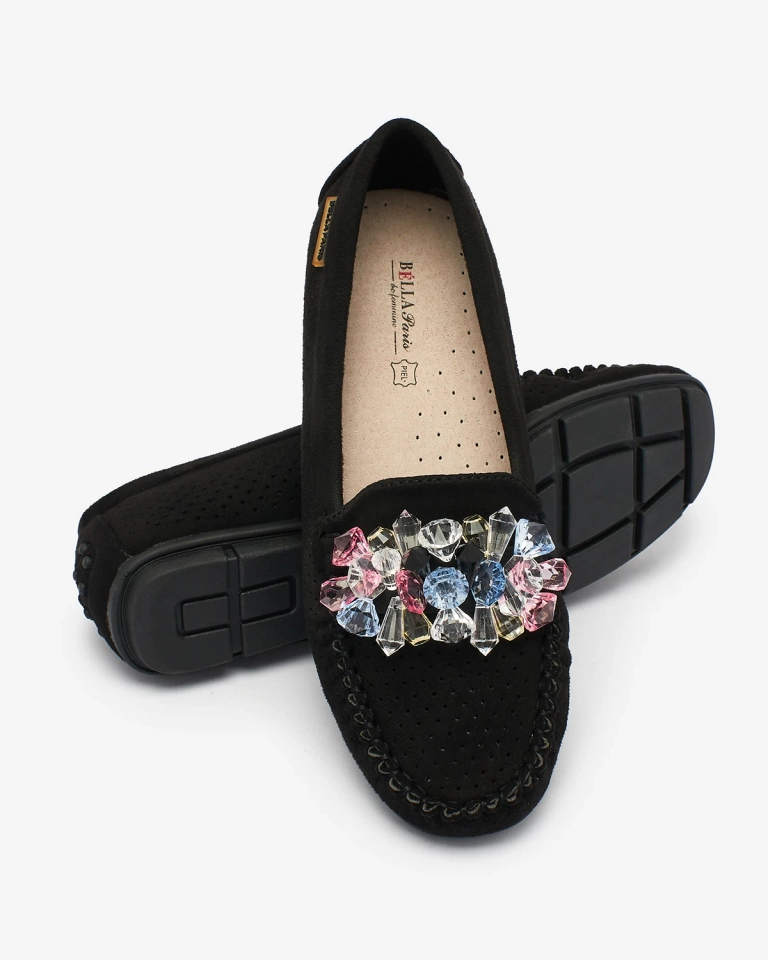 Royalfashion Ажурни черни дамски мокасини с декоративни кристали Cizzas
