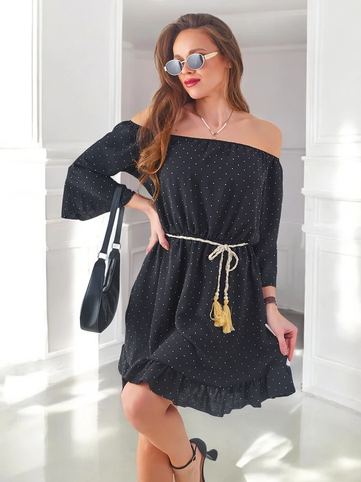 Royalfashion Женска мини рокля без рамене с дълги ръкави и камъни