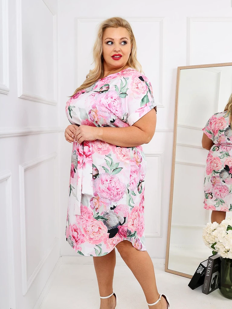 Royalfashion Женска рокля до коляното с къси ръкави и розова връзка