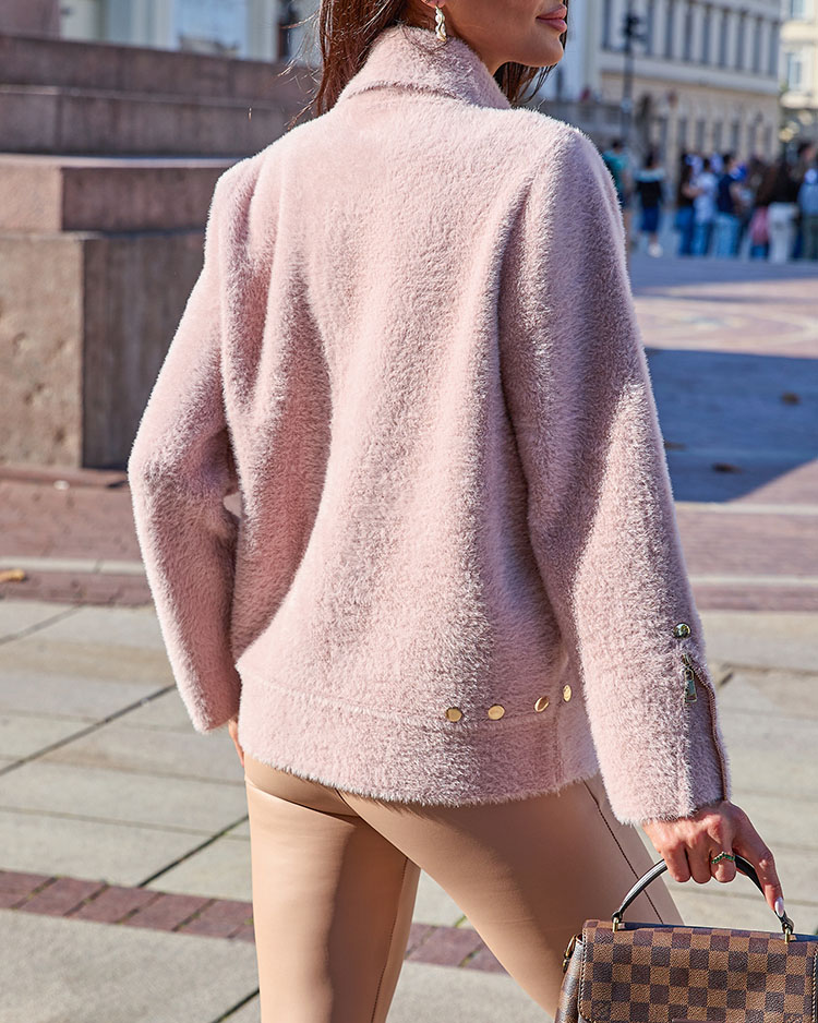 Royalfashion Кафяв дамски пуловер без копчета с джобове