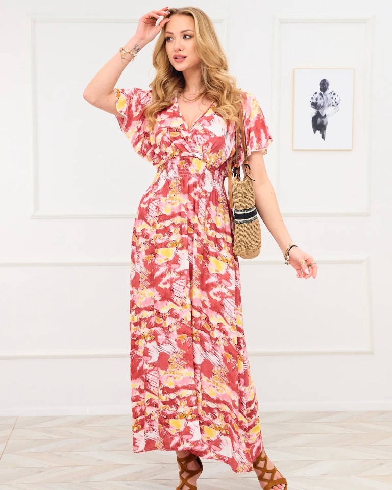 Червена дамска дълга рокля с модерен десен - Облекло