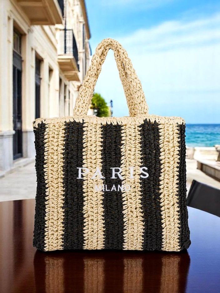 Royalfashion Голяма дамска сламена чанта с райета