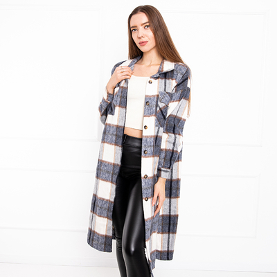 Granatowa długa koszula damska w kratę - Odzież