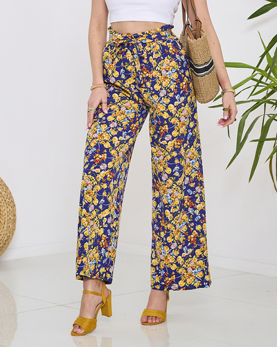 Дамски сини панталони палацо с тъмносини цветя - Облекло
