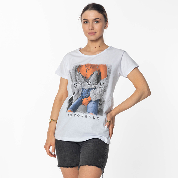 Damska biała koszulka z nadrukiem - Odzież