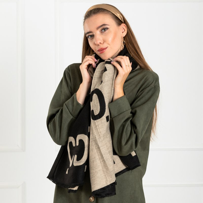 Czarno-beżowy damski ciepły wzorzysty szalik dwustronny - Akcesoria