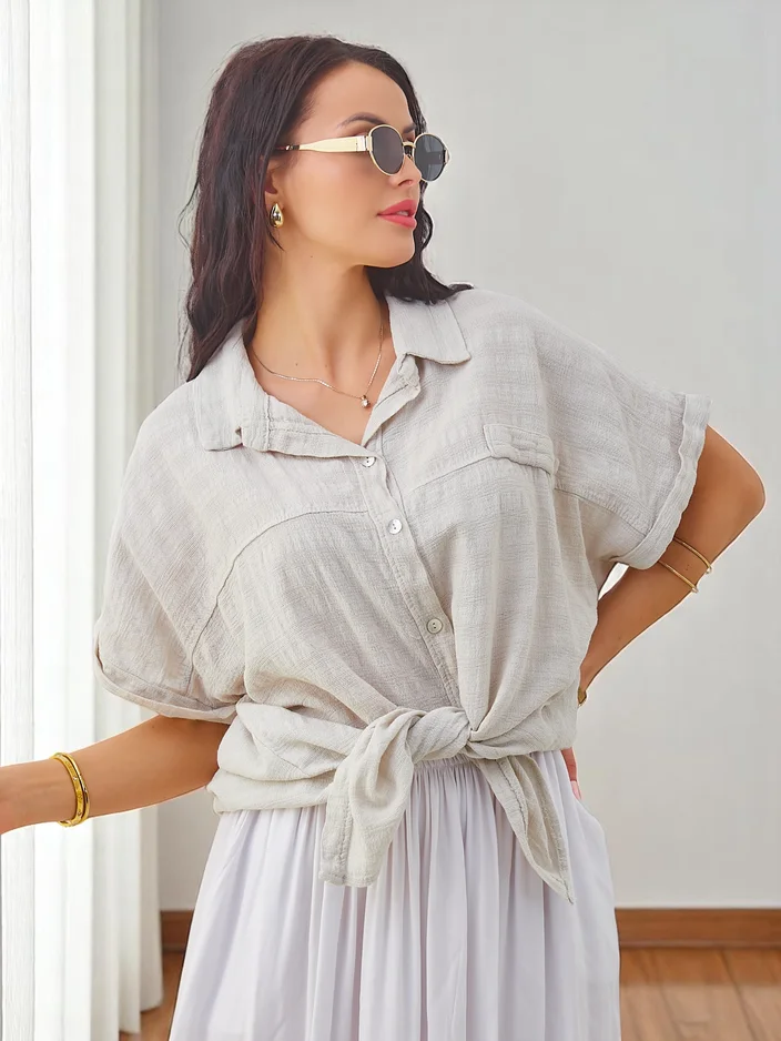 Риза от памук за жени Royalfashion с релеф и къси ръкави