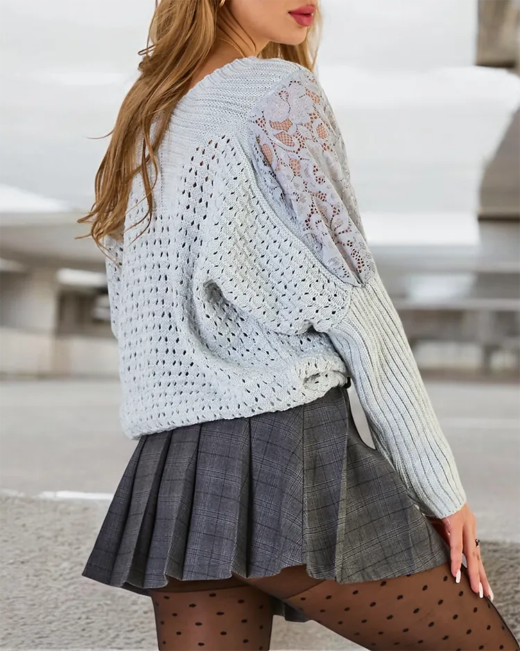 Royalfashion Дамски ажурен пуловер с дантела