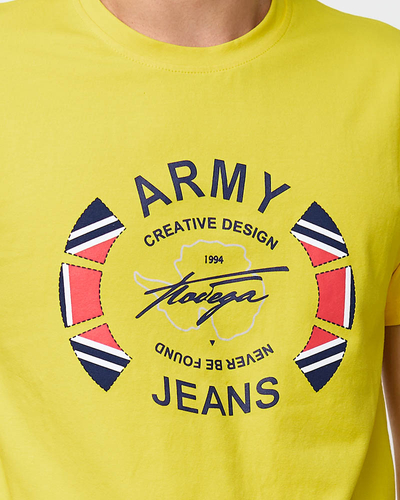 Żółty męski t-shirt z nadrukiem - Odzież