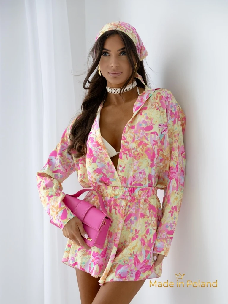 Royalfashion Дамски комплект с риза и къси панталони на флорален десен