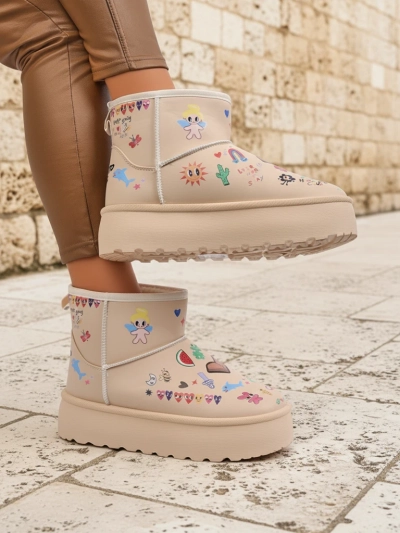 Топли обувки Callisto Angelico с детски рисунки на платформа, бежови