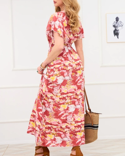 Червена дамска дълга рокля с модерен десен - Облекло