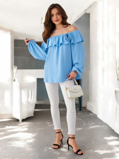 Royalfashion Женски топ с открито рамо, с волан и цвете