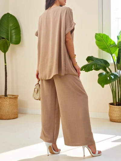 Royalfashion Памучен комплект за жени с къси ръкави и широки панталони