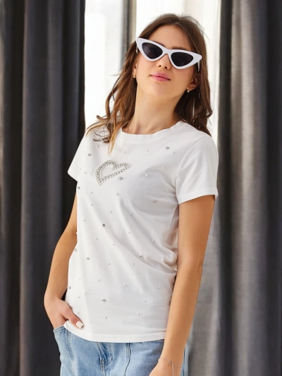 Royalfashion Женска памучна тениска с мъниста под формата на сърце