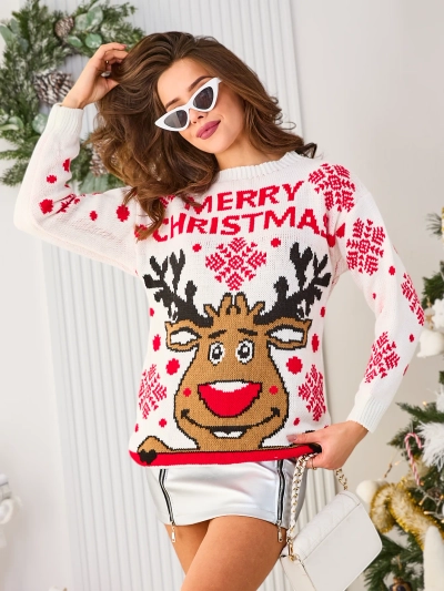 Royalfashion Дамски бял коледен пуловер със северни елени