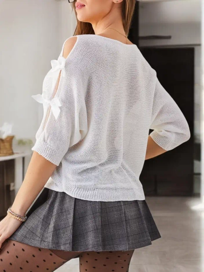 Royalfashion Женски акрилен пуловер с декоративни ръкави и панделки