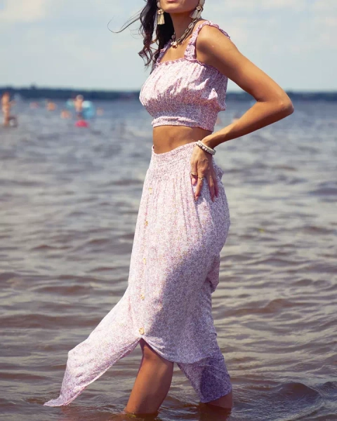 Royalfashion Дамски розов комплект с цветя