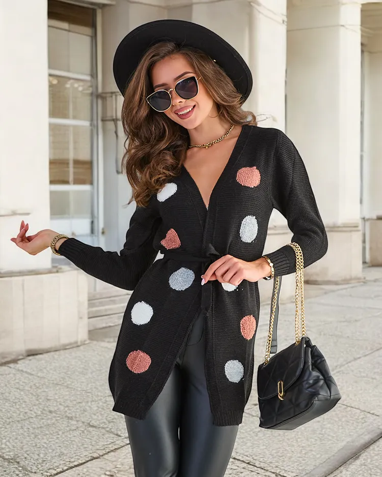 Czarny damski wiązany kardigan z kolorowymi kółkami - Odzież
