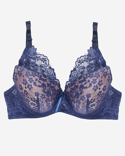 Różowy biustonosz z granatową koronką- Bielizna