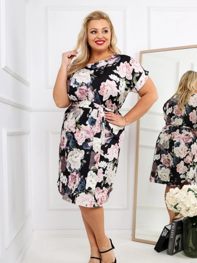 Royalfashion Дамска къса рокля до коляното с къси ръкави и розов акцент