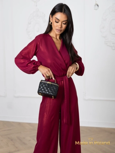 Дамски комбинезон 'Valentina' бордо с дълъг ръкав и широки крачоли