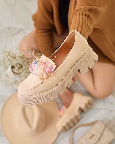 Royalfashion Бежови дамски мокасини с цветни кристали Crystal Glam