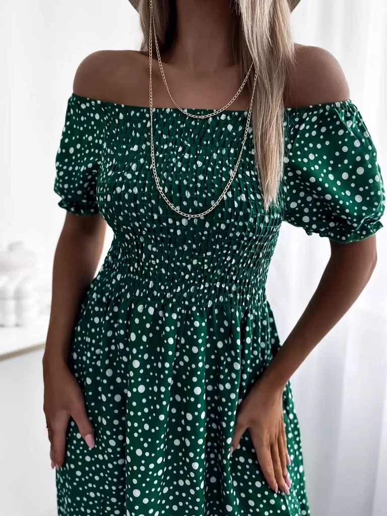 Зелена дамска макси рокля в грах- Облекло