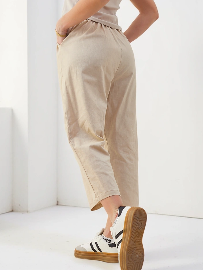 Роялфешън памучни широки женски панталони с връзка