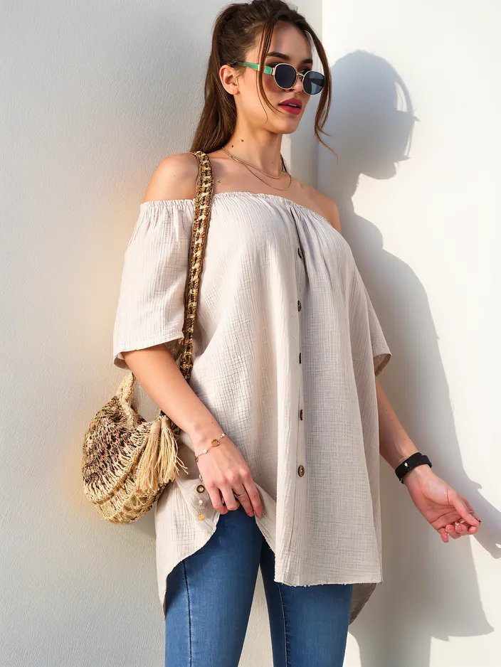 Рокля Royalfashion дамска памучна блуза в испански стил с декоративни копчета