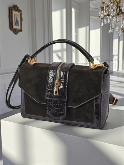 Дамска чанта Cassia Nero класическа черна еко кожа велур стилна