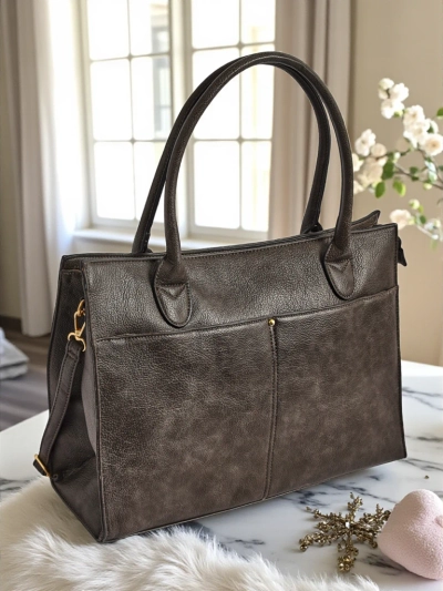 Дамска кожена чанта Etruria Classica Elegante сива 41x31x14 см