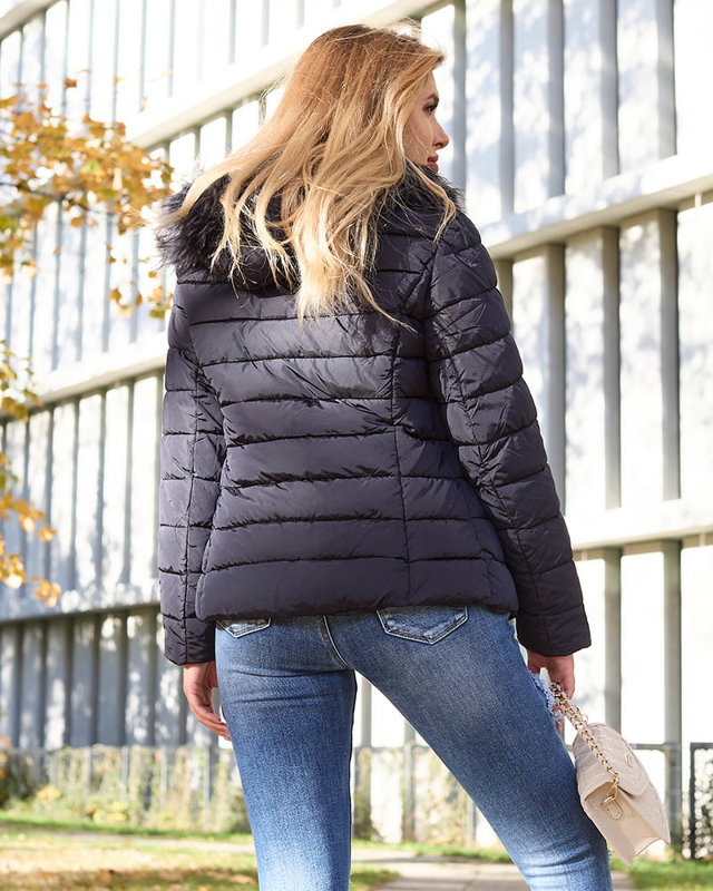 Морско синьо дамско ватирано яке с качулка и козина - Облекло