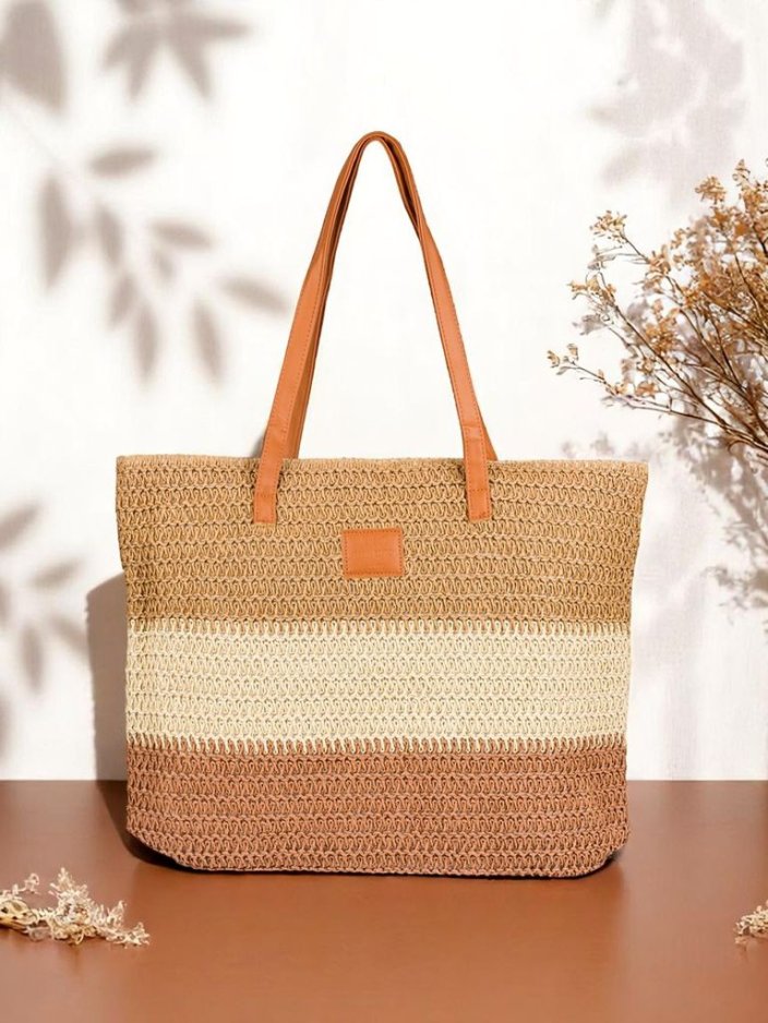 Royalfashion Голяма дамска сламена чанта с дебели райета