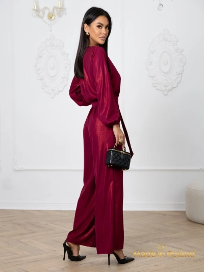 Дамски комбинезон 'Valentina' бордо с дълъг ръкав и широки крачоли