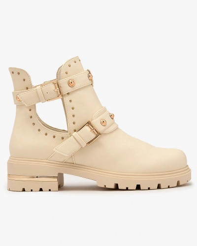 Royalfashion Кремави дамски ботуши с украса Jewel Walk на плосък ток