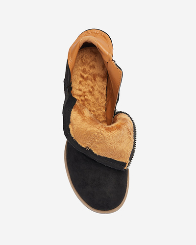 Czarne damskie ocieplane botki na brązowym słupku Karela - Obuwie