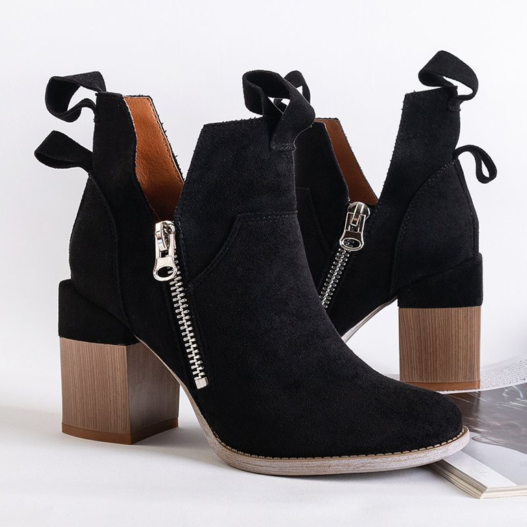 Czarne damskie botki na kwadratowym słupku Darera - Obuwie