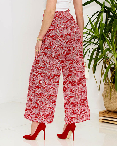 Червени дамски панталони от плат с щампа - Облекло