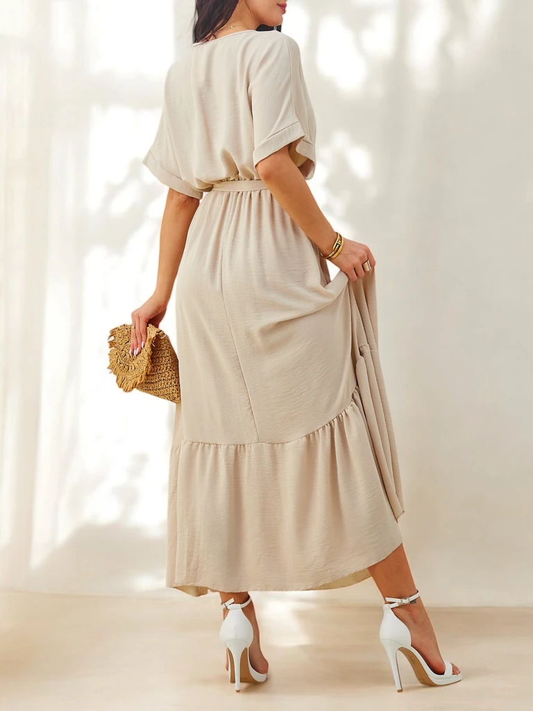 Royalfashion Женска мидийна рокля с къси ръкави и декоративни копчета