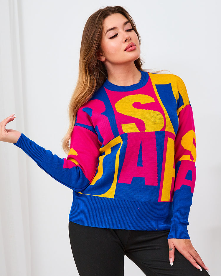 Royalfashion Дамски пуловер с букви в кафяво и синьо