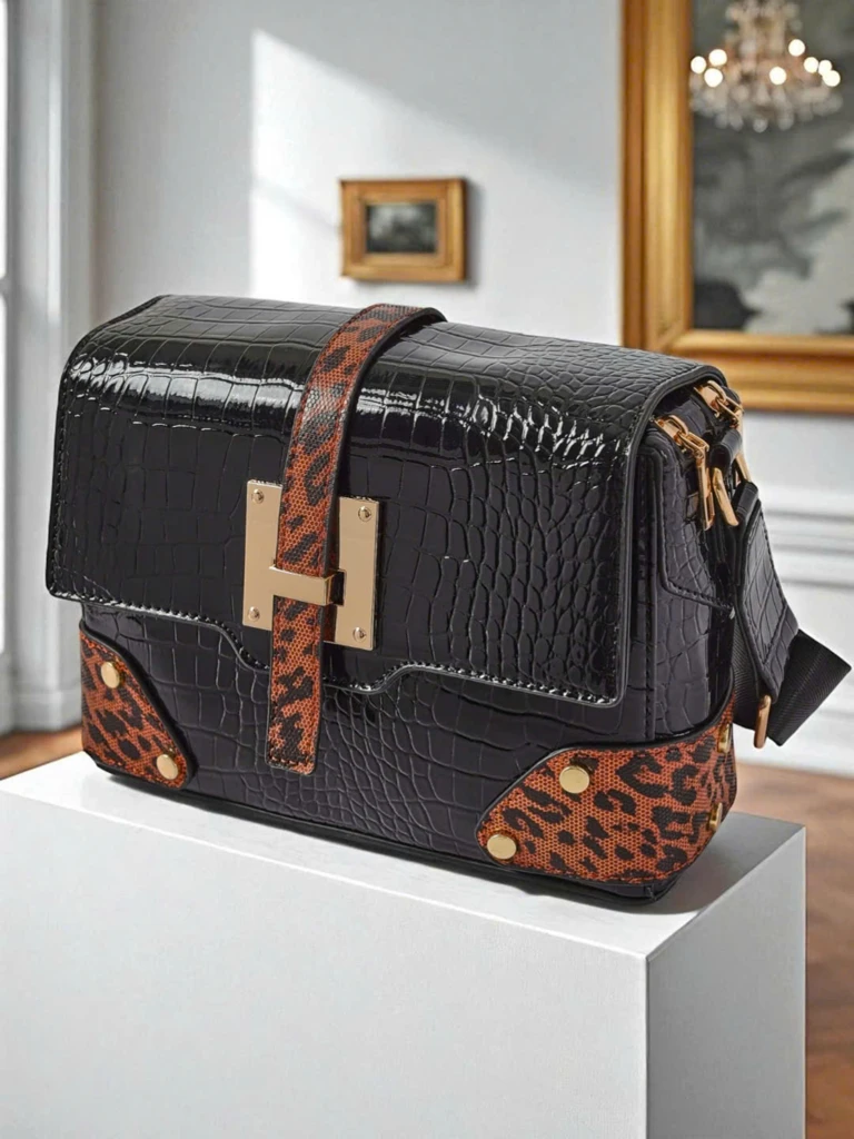 Дамска чанта Callista Nero - екологична крокодилска кожа, черно-кафява