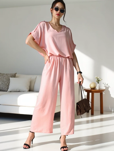 Royalfashion Дамски ежедневен комплект с блуза с къс ръкав и широки панталони