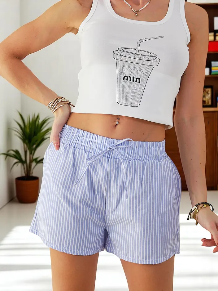 Бермуди Royalfashion за жени с еластичен колан и връзки в райе