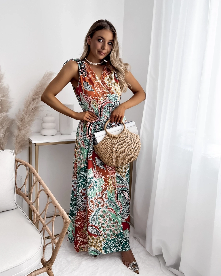 Шарена дамска миди рокля в зелено и оранжево Облекло