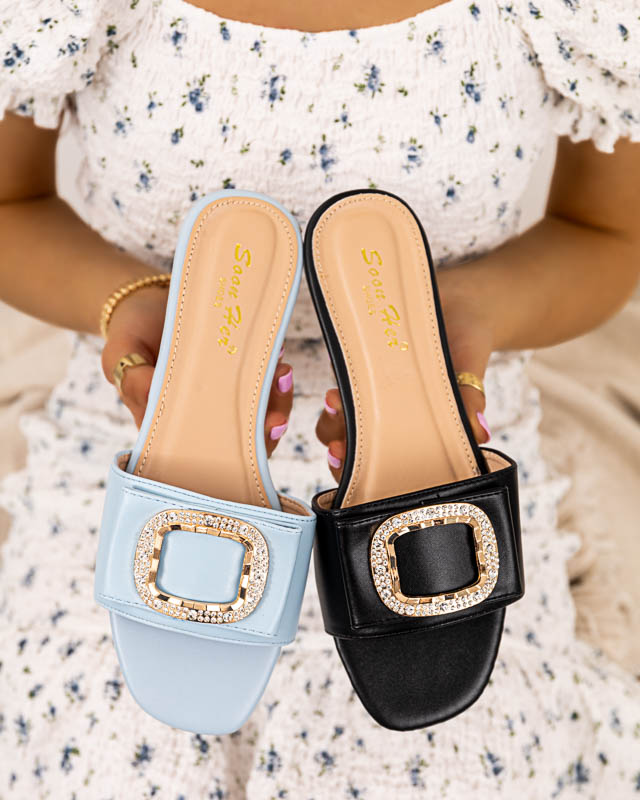 Niebieskie damskie klapki z ozdobą z cyrkoniami Iteria - Obuwie