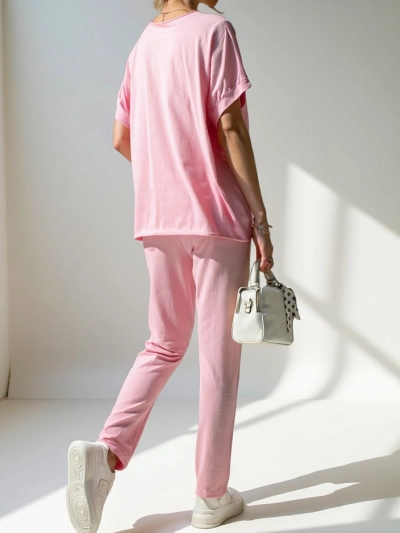 Royalfashion Женски памучен комплект с къси ръкави и прави панталони