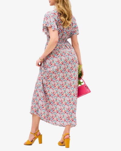 Бежова дамска миди рокля с деколте тип плик с цветя - Облекло