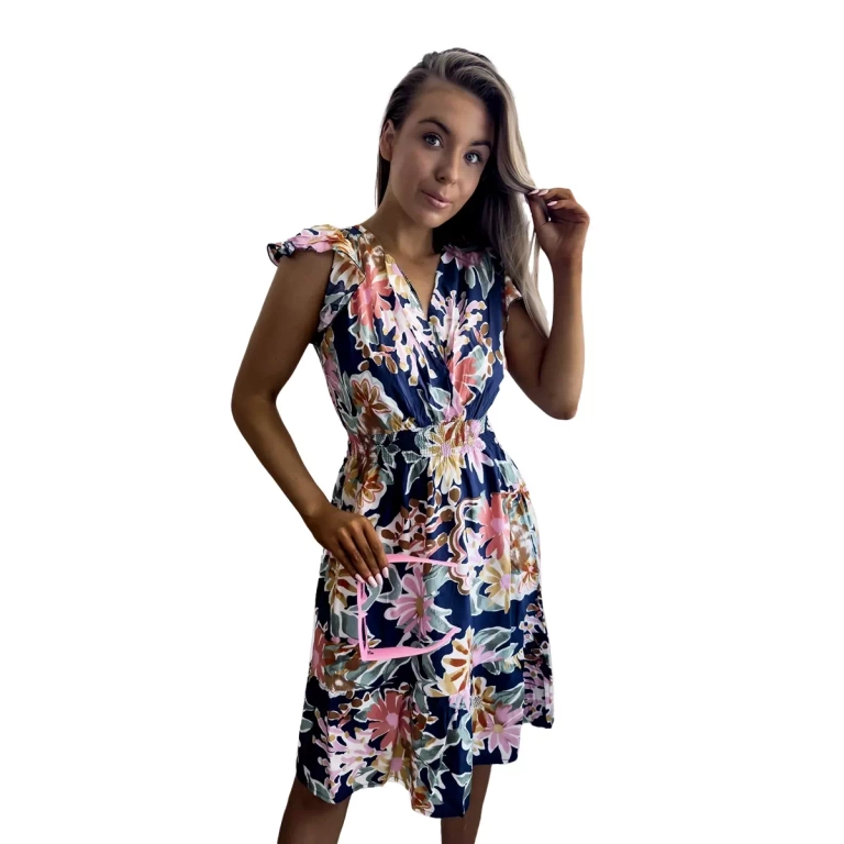 Дамска тъмносиня мини рокля с флорален принт - Облекло