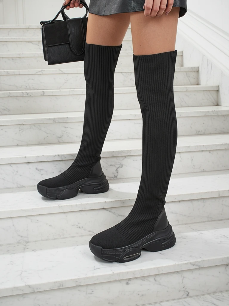Дълги дамски ботуши с дебела подметка Ravmora